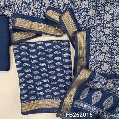 Dark blue Printed soft silk cotton unstitched salwar material (lining needed) nizam borders on daman, matching spun cotton bottom, floral printed full length silk cotton dupatta with borders. FB262015