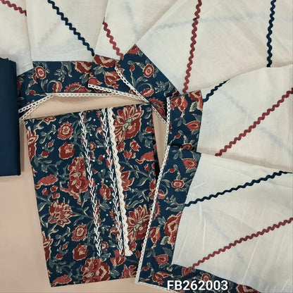 Dark blue printed premium cotton unstitched salwar material (lining optional)lace and stitch work on yoke,matching cotton bottom,lace work on pure cotton full length dupatta with borders. FB262003