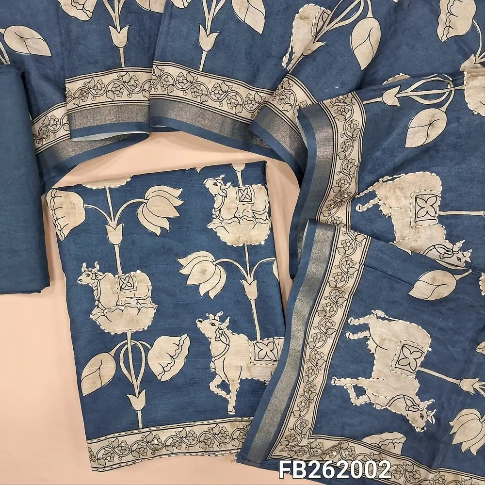 Blue premium semi tussar unstitched salwar material, printed on front, pichwai print and kantha stitch  on daman(soft, lining needed) matching santoon bottom, digital printed and kantha stitch work on semi tussar dupatta with tissue borders. FB262002