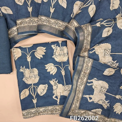 Blue premium semi tussar unstitched salwar material, printed on front, pichwai print and kantha stitch  on daman(soft, lining needed) matching santoon bottom, digital printed and kantha stitch work on semi tussar dupatta with tissue borders. FB262002