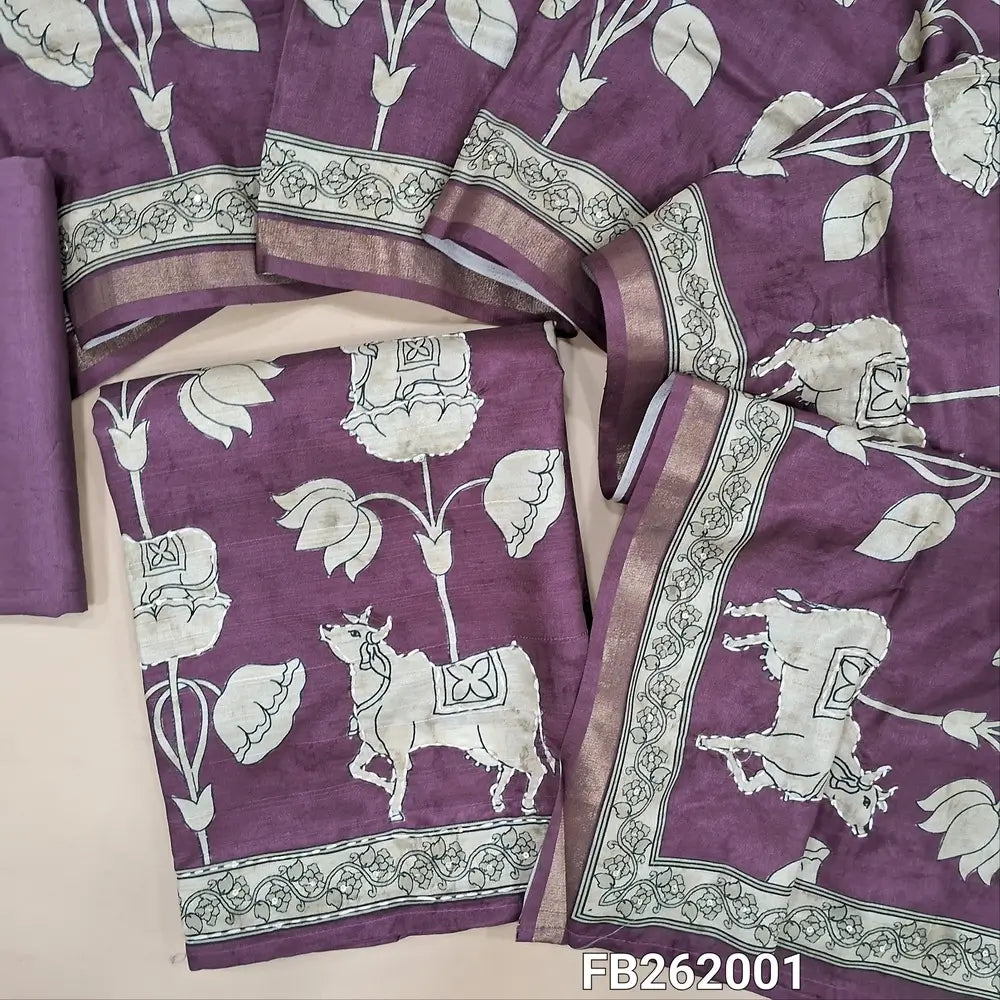 Mauve premium semi tussar unstitched salwar material, printed on front, pichwai print and kantha stitch on daman(soft, lining needed) matching santoon bottom, digital printed and kantha stitch work on semi tussar dupatta with tissue borders. FB262001