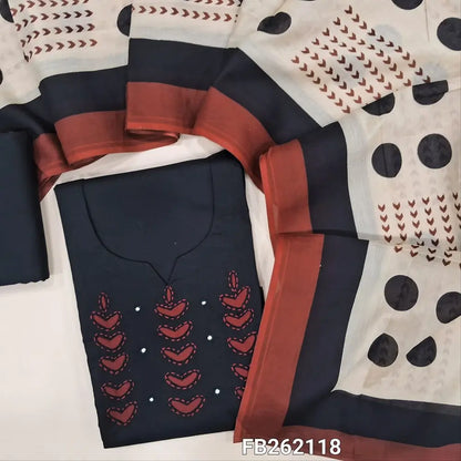Black premium cotton unstitched salwar material (lining optional) kantha stitch and applique work on yoke,matching cotton bottom,printed full length pure mul cotton dupatta. FB262118