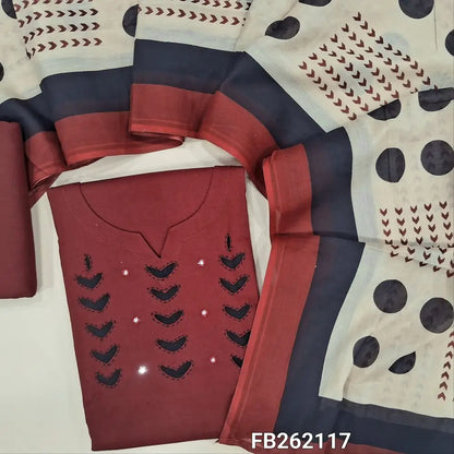 Dark maroon premium cotton unstitched salwar material (lining optional) kantha stitch and applique work on yoke,matching cotton bottom,printed full length pure mul cotton dupatta. FB262117