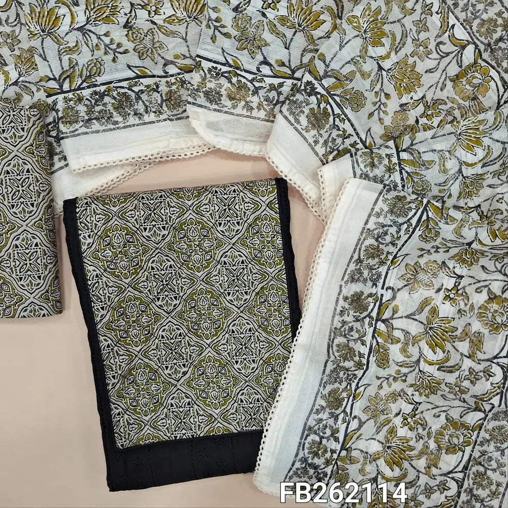 Black  schiffli embroidered glazed cotton unstitched salwar material, contrast printed yoke(lining needed) printed cotton bottom, block printed pure cotton dupatta with lace tapping. FB262114
