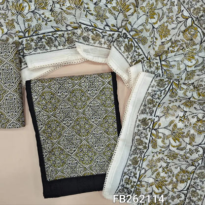 Black  schiffli embroidered glazed cotton unstitched salwar material, contrast printed yoke(lining needed) printed cotton bottom, block printed pure cotton dupatta with lace tapping. FB262114