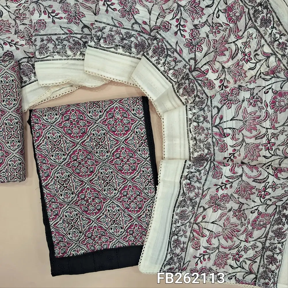 Black schiffli embroidered glazed cotton unstitched salwar material, contrast printed yoke(lining needed) printed cotton bottom, block printed pure cotton dupatta with lace tapping. FB262113