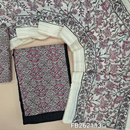 Black schiffli embroidered glazed cotton unstitched salwar material, contrast printed yoke(lining needed) printed cotton bottom, block printed pure cotton dupatta with lace tapping. FB262113