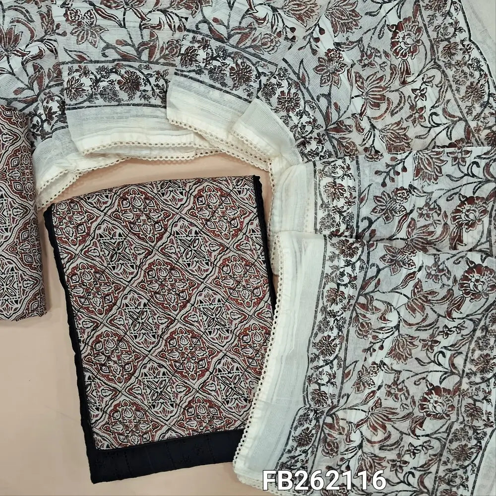 Black  schiffli embroidered glazed cotton unstitched salwar material, contrast printed yoke(lining needed) printed cotton bottom, block printed pure cotton dupatta with lace tapping. FB262116