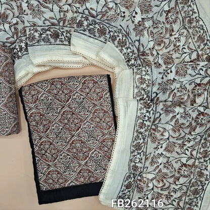 Black  schiffli embroidered glazed cotton unstitched salwar material, contrast printed yoke(lining needed) printed cotton bottom, block printed pure cotton dupatta with lace tapping. FB262116