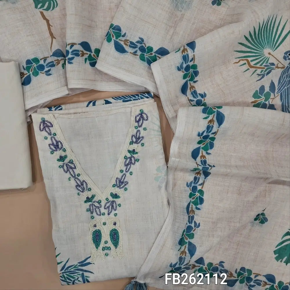Half white base printed premium linen unstitched salwar material, V neck with rich bead work on yoke, printed on front( soft, textured,lining needed)matching spun cotton bottom, printed premium linen dupatta. FB262112