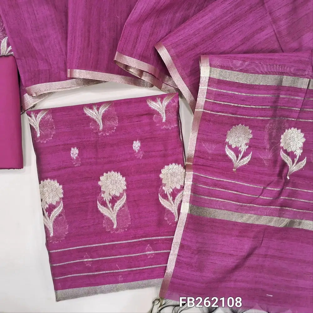 Beetroot purple silk cotton unstitched salwar material (lining needed) floral weaving and zari buttas all over, matching silk cotton bottom,silk cotton dupatta with floral weaving pallu. FB262108