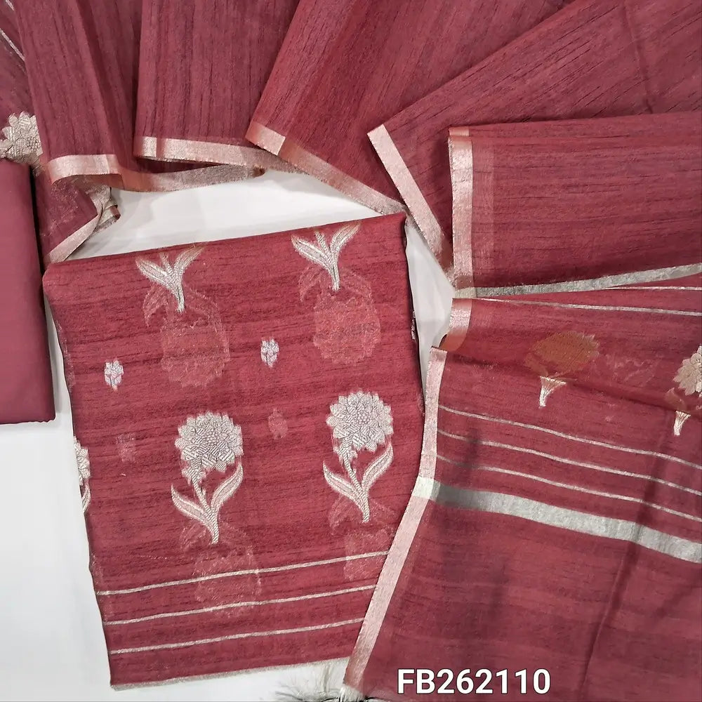Dark maroon  silk cotton unstitched salwar material (lining needed) floral weaving and zari buttas all over, matching silk cotton bottom,silk cotton dupatta with floral weaving pallu. FB262110