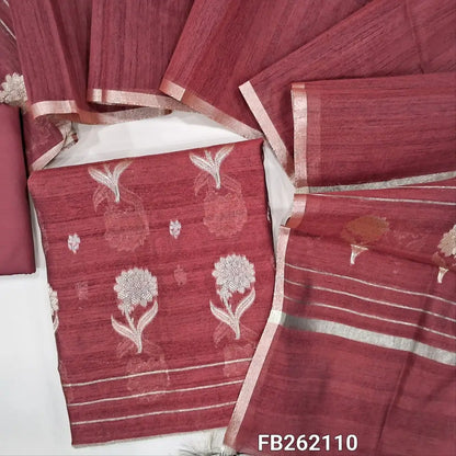 Dark maroon  silk cotton unstitched salwar material (lining needed) floral weaving and zari buttas all over, matching silk cotton bottom,silk cotton dupatta with floral weaving pallu. FB262110