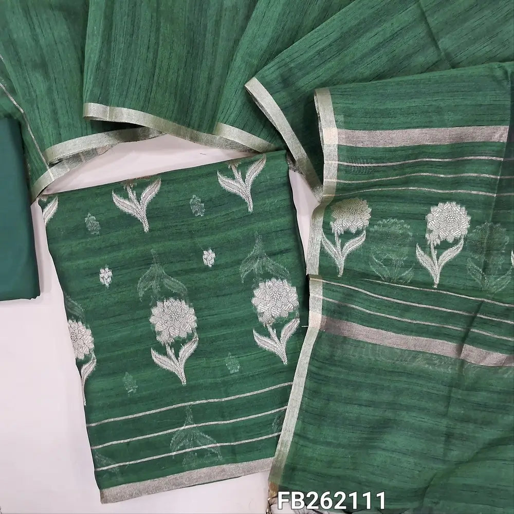 Bottle green  silk cotton unstitched salwar material (lining needed) floral weaving and zari buttas all over, matching silk cotton bottom,silk cotton dupatta with floral weaving pallu. FB262111