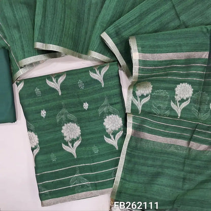 Bottle green  silk cotton unstitched salwar material (lining needed) floral weaving and zari buttas all over, matching silk cotton bottom,silk cotton dupatta with floral weaving pallu. FB262111