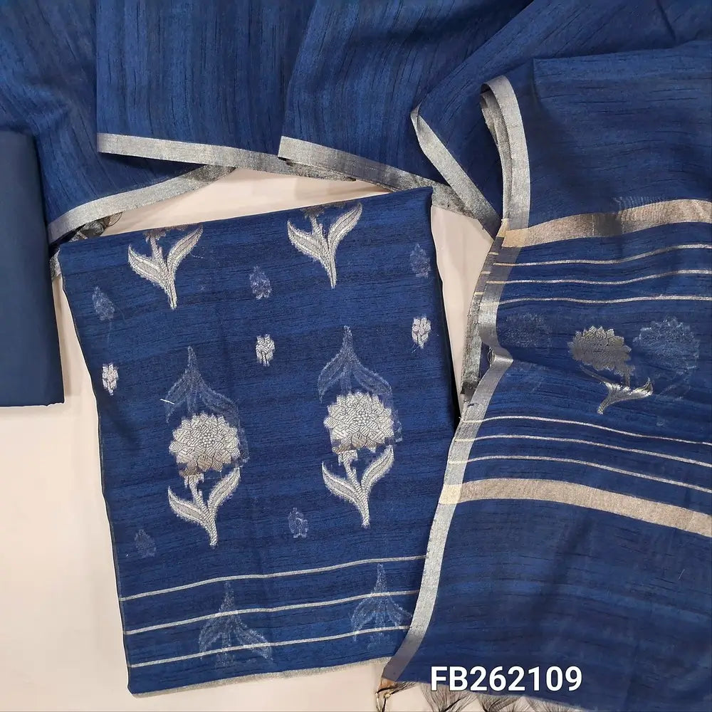 Royal blue  silk cotton unstitched salwar material (lining needed) floral weaving and zari buttas all over, matching silk cotton bottom,silk cotton dupatta with floral weaving pallu. FB262109