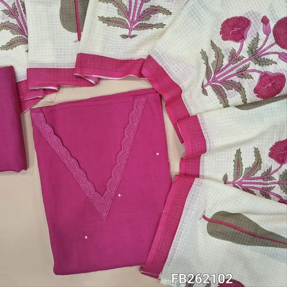 Pink mul chanderi unstitched salwar material, v neck with lace work, faux mirror work on front(lining needed)matching santoon bottom, hand block printed pure kota cotton dupatta . FB262102