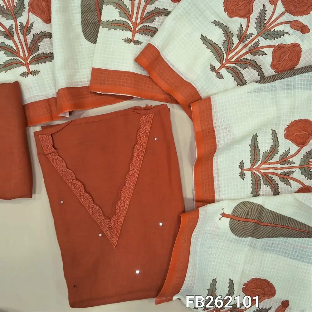 Rust Orange mul chanderi unstitched salwar material, v neck with lace work, faux mirror work on front(lining needed)matching santoon bottom, hand block printed pure kota cotton dupatta . FB262101