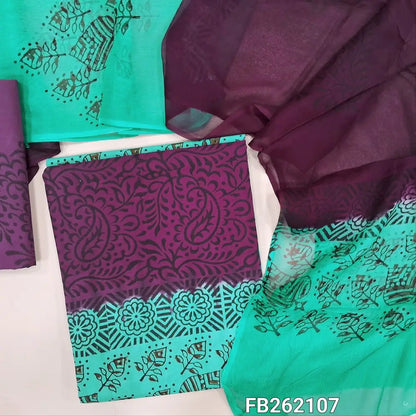 Turquoise green & wine purple hand block printed cotton unstitched salwar material (lining needed)faux mirror on front,cotton bottom, dual shaded block printed pure chiffon dupatta TAPING NEEDED(over lapping of prints not consider as a defect. FB262107