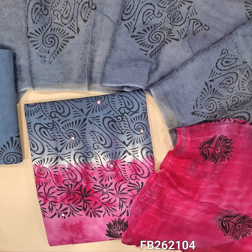 Grey & pink hand block printed cotton unstitched salwar material (lining needed)faux mirror on front,cotton bottom, dual shaded block printed pure chiffon dupatta TAPING NEEDED(over lapping of prints not consider as a defect. FB262104
