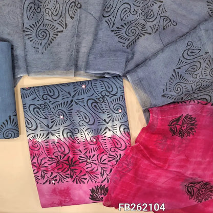 Grey & pink hand block printed cotton unstitched salwar material (lining needed)faux mirror on front,cotton bottom, dual shaded block printed pure chiffon dupatta TAPING NEEDED(over lapping of prints not consider as a defect. FB262104