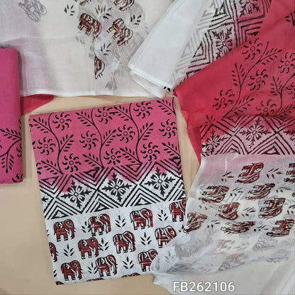 Pink & half white hand block printed cotton unstitched salwar material (lining needed)faux mirror on front,cotton bottom, dual shaded block printed pure chiffon dupatta TAPING NEEDED(over lapping of prints not consider as a defect. FB262106