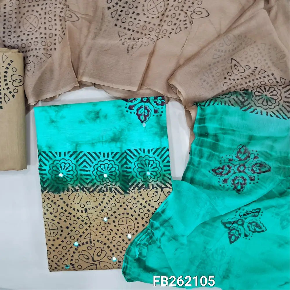 Beige & turquoise green hand block printed cotton unstitched salwar material (lining needed)faux mirror on front,cotton bottom, dual shaded block printed pure chiffon dupatta TAPING NEEDED(over lapping of prints not consider as a defect. FB262105
