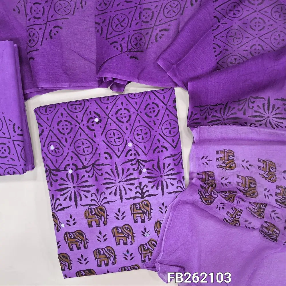 Dark purple & light purple hand block printed cotton unstitched salwar material (lining needed)faux mirror on front,cotton bottom, dual shaded block printed pure chiffon dupatta TAPING NEEDED(over lapping of prints not consider as a defect. FB262103