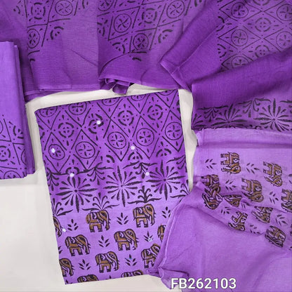 Dark purple & light purple hand block printed cotton unstitched salwar material (lining needed)faux mirror on front,cotton bottom, dual shaded block printed pure chiffon dupatta TAPING NEEDED(over lapping of prints not consider as a defect. FB262103