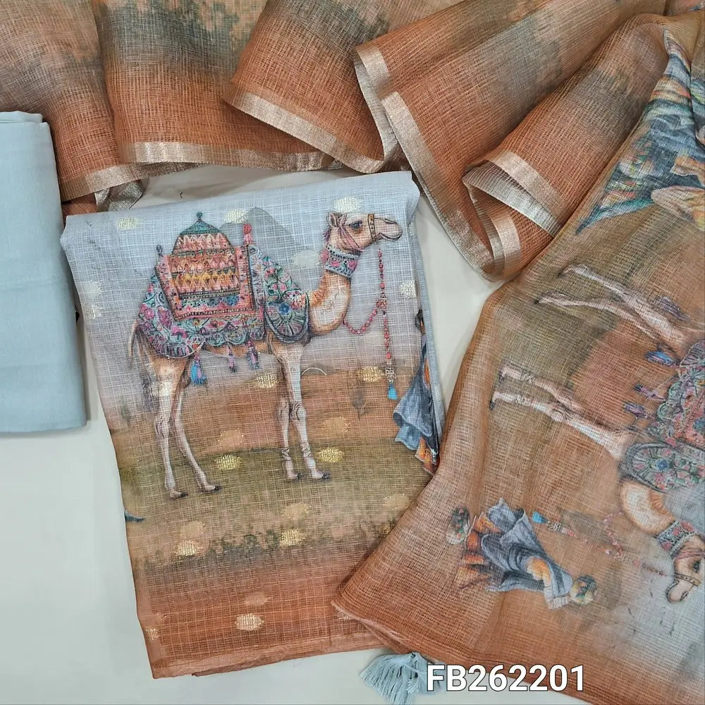 Light greyish beige kota silk cotton unstitched salwar material, embroidered yoke, printed and zari buttas all over, printed daman,(lining needed) spun cotton bottom, dual shaded digital printed kota silk cotton dupatta with gold tissue borders. FB262201