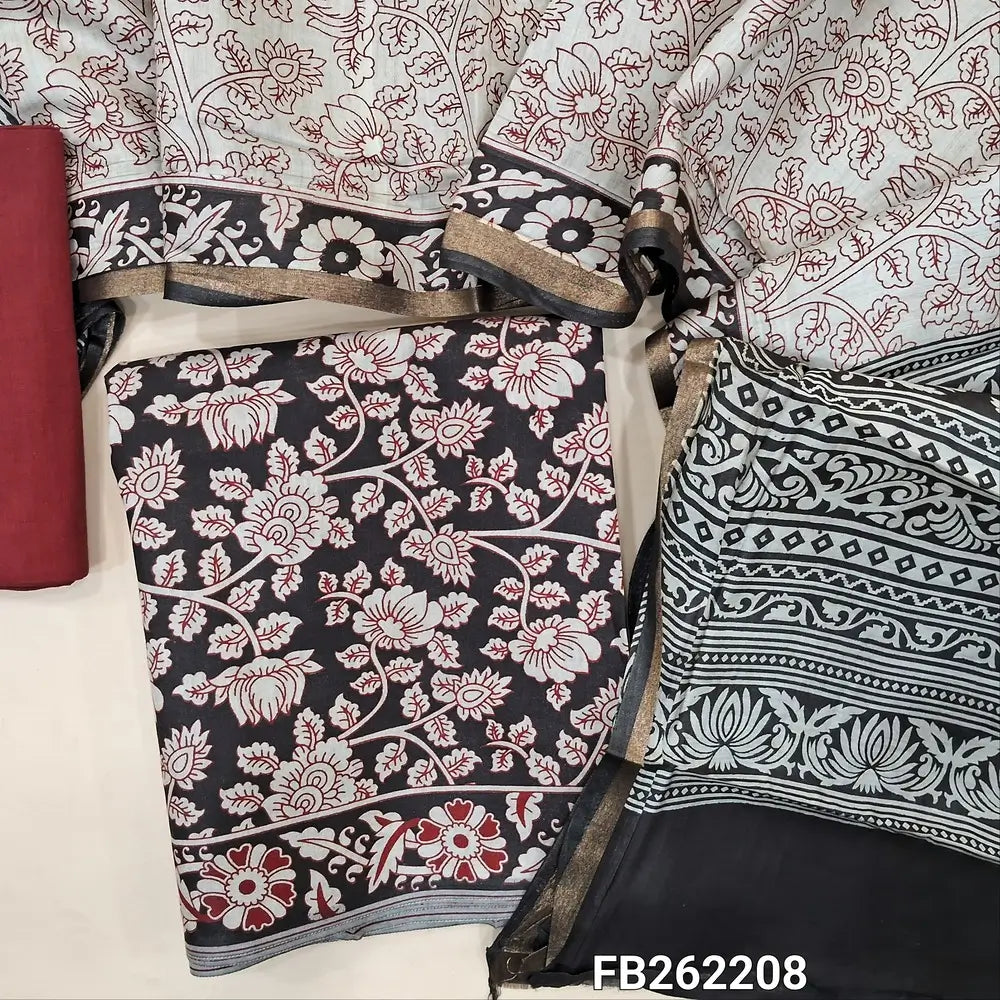 Black premium silk cotton unstitched salwar material (soft, lining needed) kalamkari printed allover, maroon cotton bottom,  kalamkari printed soft silk cotton full length dupatta with gold tissue borders. REQUIRES TAPPING. FB262208