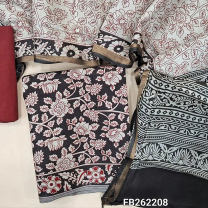 Black premium silk cotton unstitched salwar material (soft, lining needed) kalamkari printed allover, maroon cotton bottom,  kalamkari printed soft silk cotton full length dupatta with gold tissue borders. REQUIRES TAPPING. FB262208