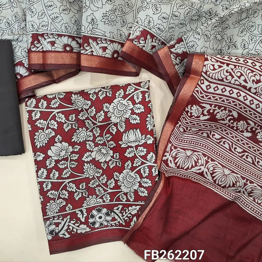 Maroon premium silk cotton unstitched salwar material (soft, lining needed) kalamkari printed allover, black cotton bottom, kalamkari printed soft silk cotton full length dupatta with gold tissue borders REQUIRES TAPPING. FB262207