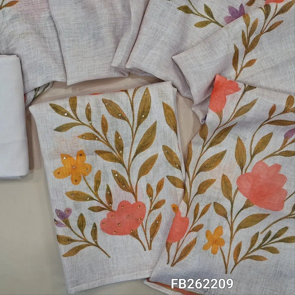 Designer pale pink pure linen unstitched salwar material ( textured ,lining needed) bead, sequins and thread work on front, drum dyed fabric provided for lining provided, NO BOTTOM, floral printed pure linen dupatta. FB262209