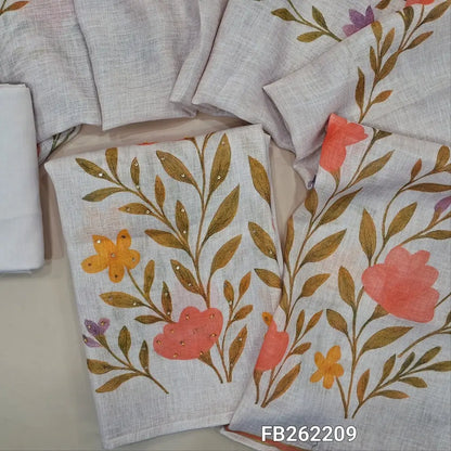 Designer pale pink pure linen unstitched salwar material ( textured ,lining needed) bead, sequins and thread work on front, drum dyed fabric provided for lining provided, NO BOTTOM, floral printed pure linen dupatta. FB262209