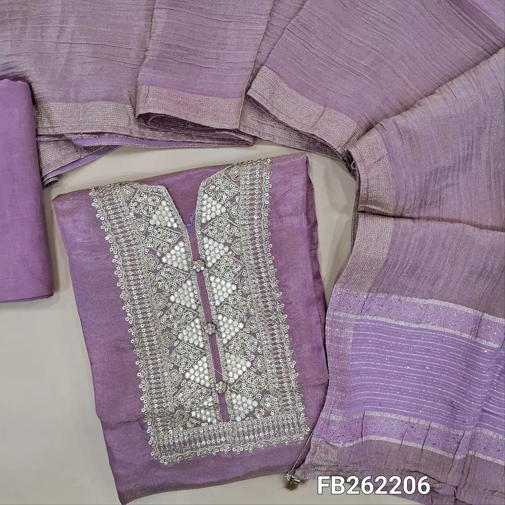 Designer light purple with golden tint tissue silk unstitched salwar material, round notch neck with zari ,sequins work (lining needed)matching santoon bottom, crinkled with golden tint tissue silk dupatta with sequins and thread detailing pallu. FB262206