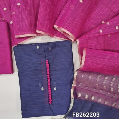 Dark blue slub silk cotton unstitched salwar material, potli buttons on yoke, zari buttas all over, organza fabric with zari woven on daman,(lining needed)rani pink silk cotton bottom, zari buttas on silk cotton dupatta with organza pallu. FB262203