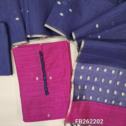 Rani pink slub silk cotton unstitched salwar material, potli buttons on yoke, zari buttas all over, organza fabric with zari woven on daman,(lining needed)dark blue silk cotton bottom, zari buttas on silk cotton dupatta with organza pallu. FB262202