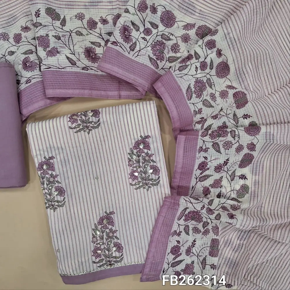 Half white base pure cotton unstitched salwar material, faux mirror,sequins and printed all over(lining needed) light purple cotton bottom,printed pure kota cotton dupatta. FB262314