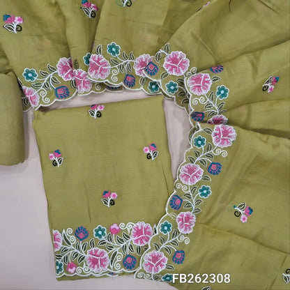Light green malai chanderi unstitched salwar material ( soft ,lining needed) embroidery work on front,cutwork and rich embroidered daman, matching santoon bottom, rich embroidery work on malai chanderi dupatta. FB262308