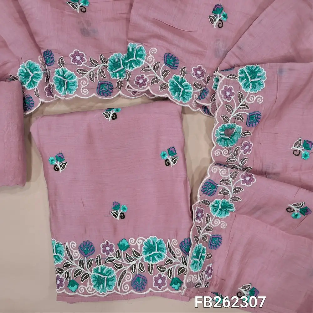 Pastel Pink malai chanderi unstitched salwar material ( soft ,lining needed) embroidery work on front,cutwork and rich embroidered daman, matching santoon bottom, rich embroidery work on malai chanderi dupatta. FB262307