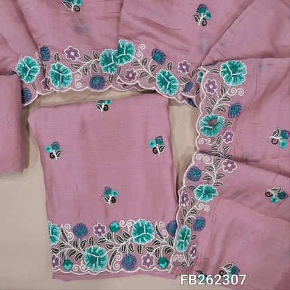 Pastel Pink malai chanderi unstitched salwar material ( soft ,lining needed) embroidery work on front,cutwork and rich embroidered daman, matching santoon bottom, rich embroidery work on malai chanderi dupatta. FB262307