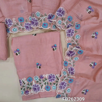 Baby pink malai chanderi unstitched salwar material ( soft ,lining needed) embroidery work on front,cutwork and rich embroidered daman, matching santoon bottom, rich embroidery work on malai chanderi dupatta. FB262309