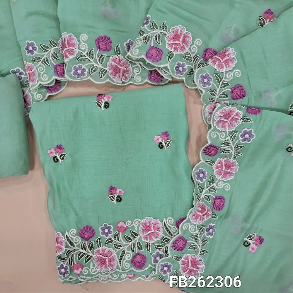 Pastel blue malai chanderi unstitched salwar material ( soft ,lining needed) embroidery work on front,cutwork and rich embroidered daman, matching santoon bottom, rich embroidery work on malai chanderi dupatta. FB262306