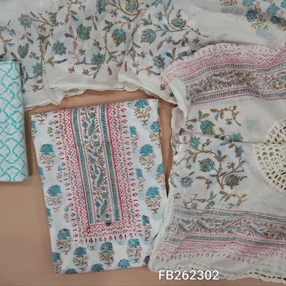 Half white soft cotton unstitched salwar material (lining needed) hand block printed allover, pastel blue printed cotton bottom, hand block printed and crochet work on mul cotton dupatta. FB262302