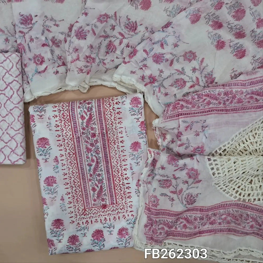 Half white soft cotton unstitched salwar material (lining needed) hand block printed allover, pink printed cotton bottom, hand block printed and crochet work on mul cotton dupatta. FB262303