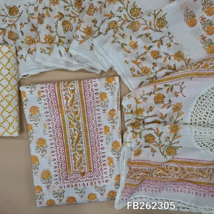 Half white soft cotton unstitched salwar material (lining needed) hand block printed allover, yellow printed cotton bottom, hand block printed and crochet work on mul cotton dupatta. FB262305