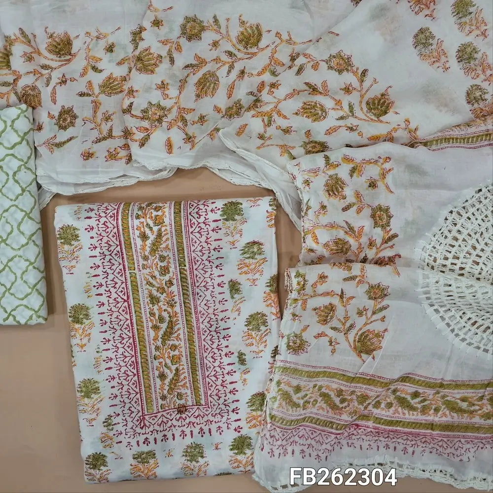 Half white soft cotton unstitched salwar material (lining needed) hand block printed allover, green printed cotton bottom, hand block printed and crochet work on mul cotton dupatta. FB262304