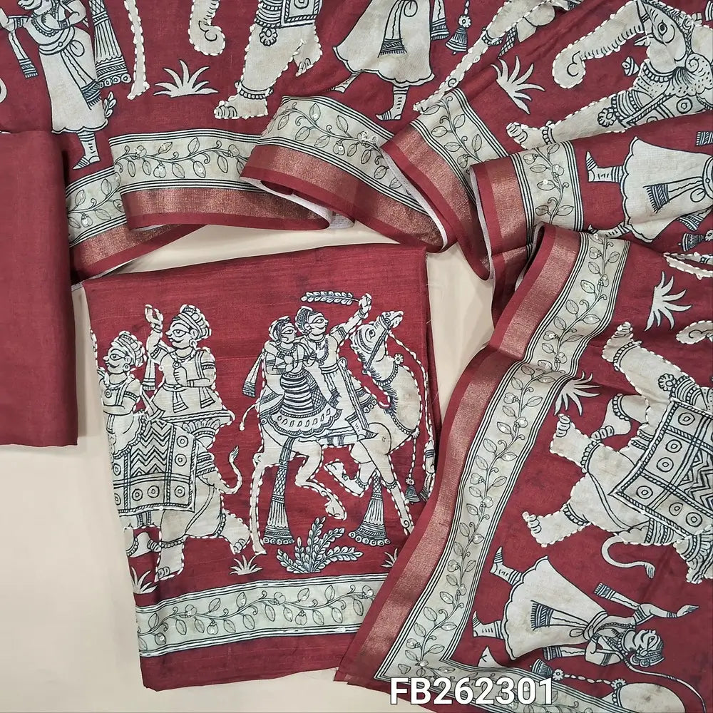 Maroon premium semi tussar unstitched salwar material,digital printed on front, embroidery and kantha stitch on daman(thin, lining needed) matching santoon bottom, digital printed and kantha stitch on semi tussar dupatta with gold tissue borders. FB262301