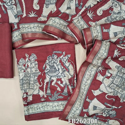 Maroon premium semi tussar unstitched salwar material,digital printed on front, embroidery and kantha stitch on daman(thin, lining needed) matching santoon bottom, digital printed and kantha stitch on semi tussar dupatta with gold tissue borders. FB262301